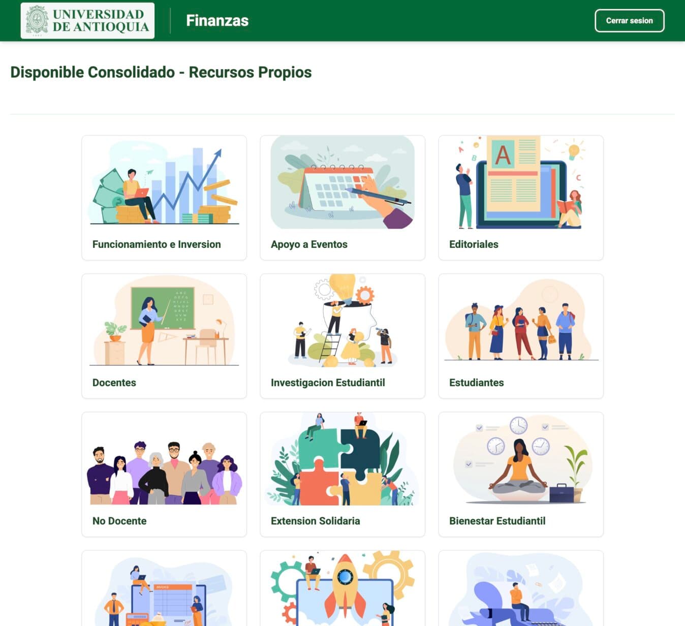 Finanzas main page showing budget categories.