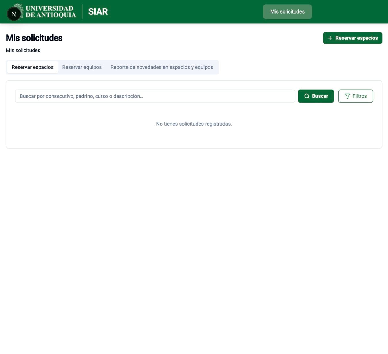 SIAR main page for space reservations, equipment reservations, and incident reports.