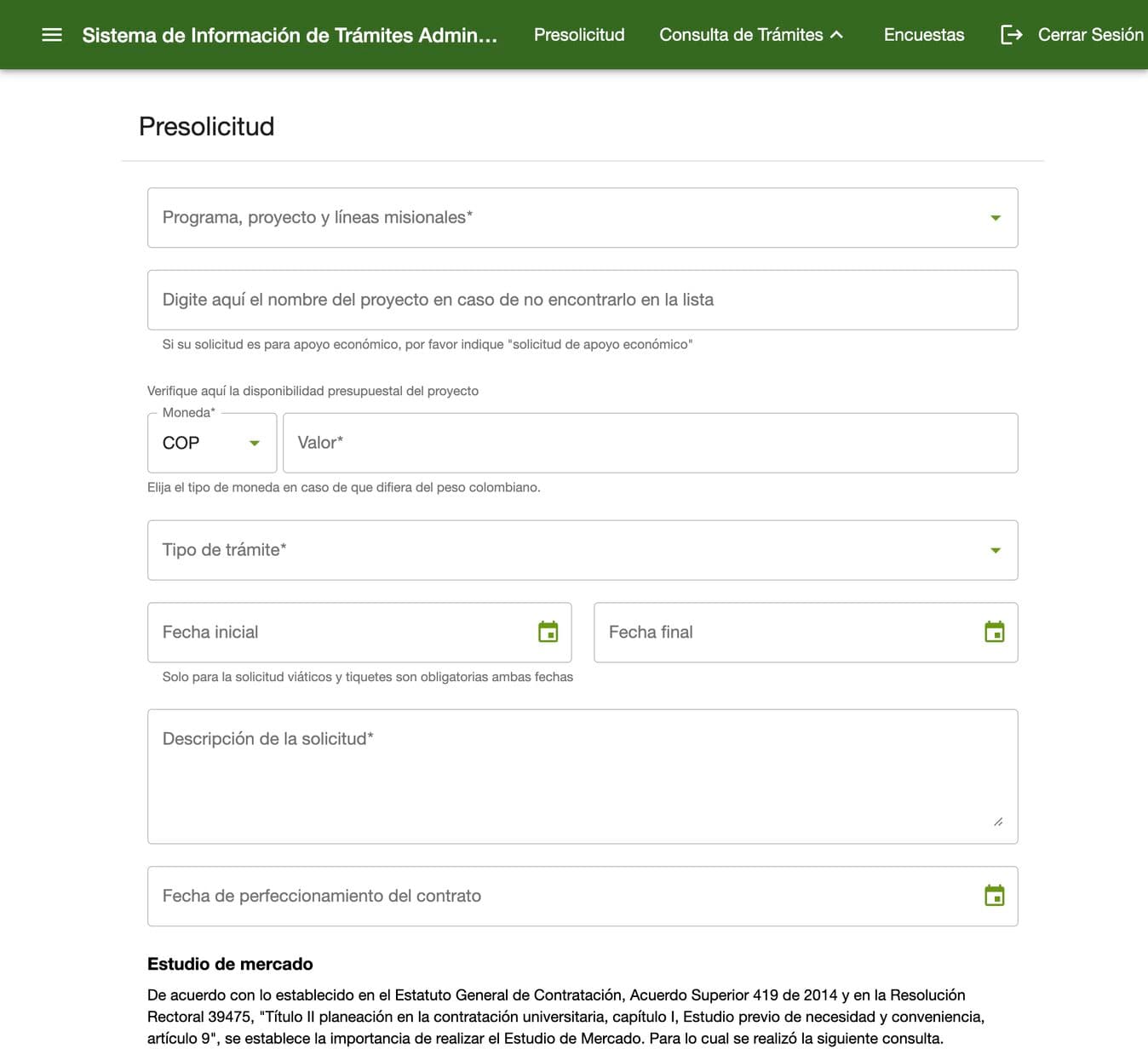 SITA main page for preparing an administrative request.