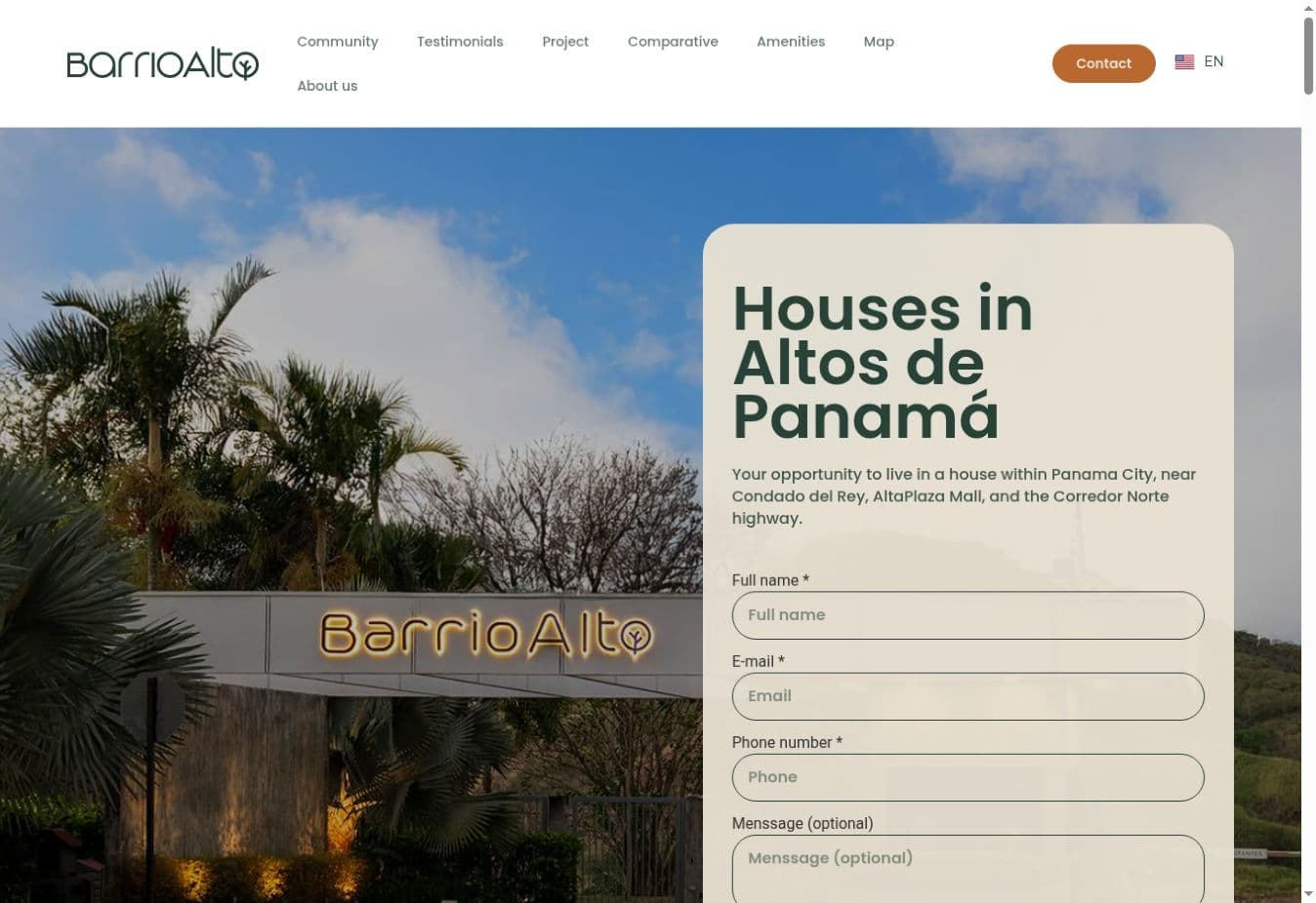 Barrio Alto page showing the property entrance and a contact form.