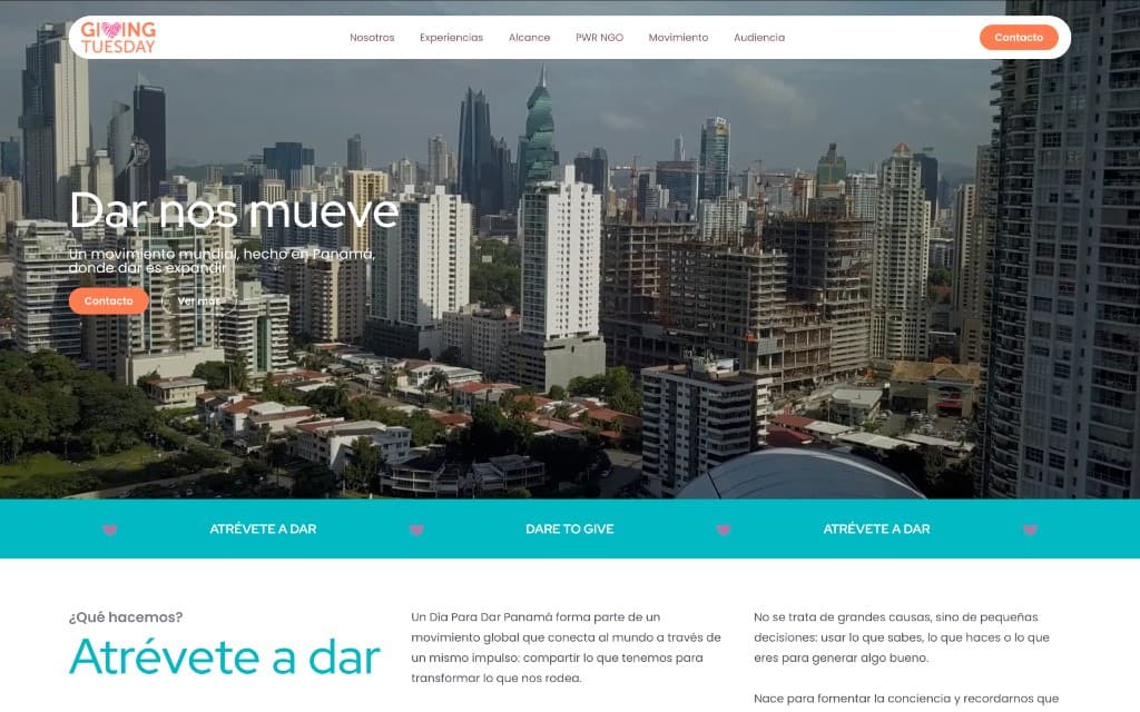 Giving Tuesday Panamá homepage showing its navigation and the Panama City skyline.