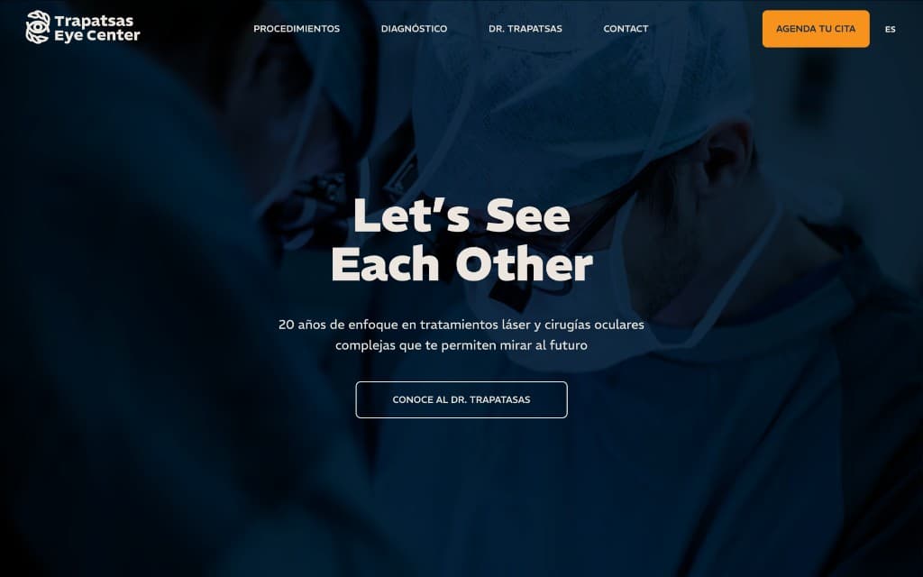 Trapatsas Eye Center homepage showing its navigation and an eye surgery image.